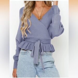 Zesica Wrap V Neck Batwing Sleeve Belted Waist Ruffle Peplum Knitted Sweater L